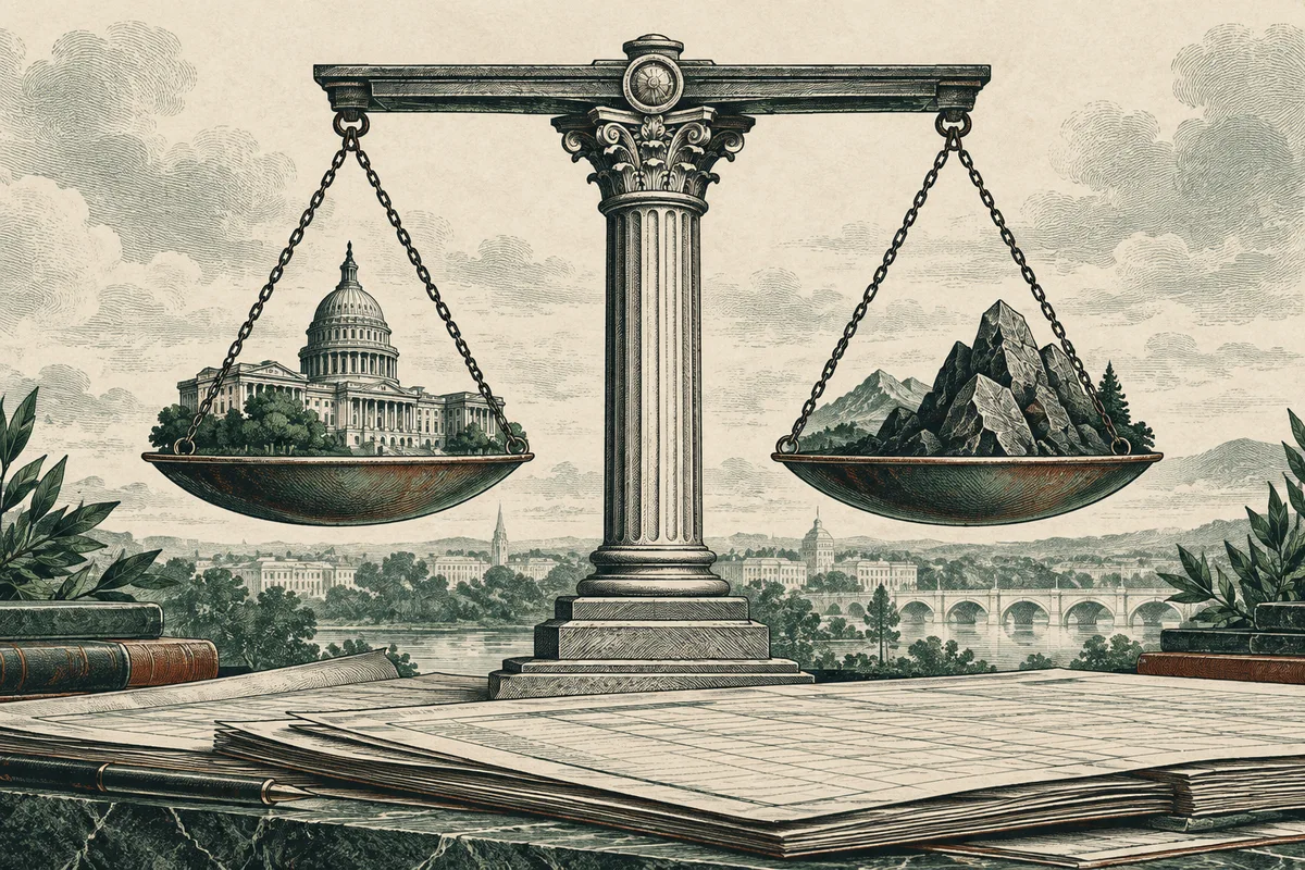 Original conceptual engraving of balance scales and documents