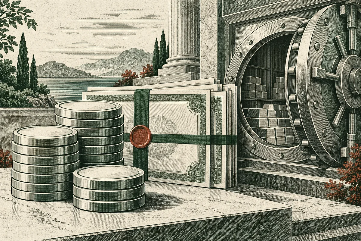 Original conceptual engraving of coins and a vault