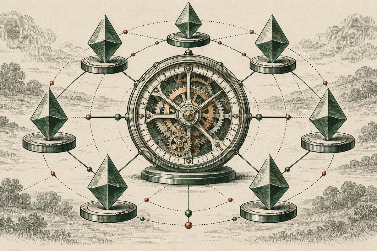 Original conceptual engraving of staking symbols and a clock