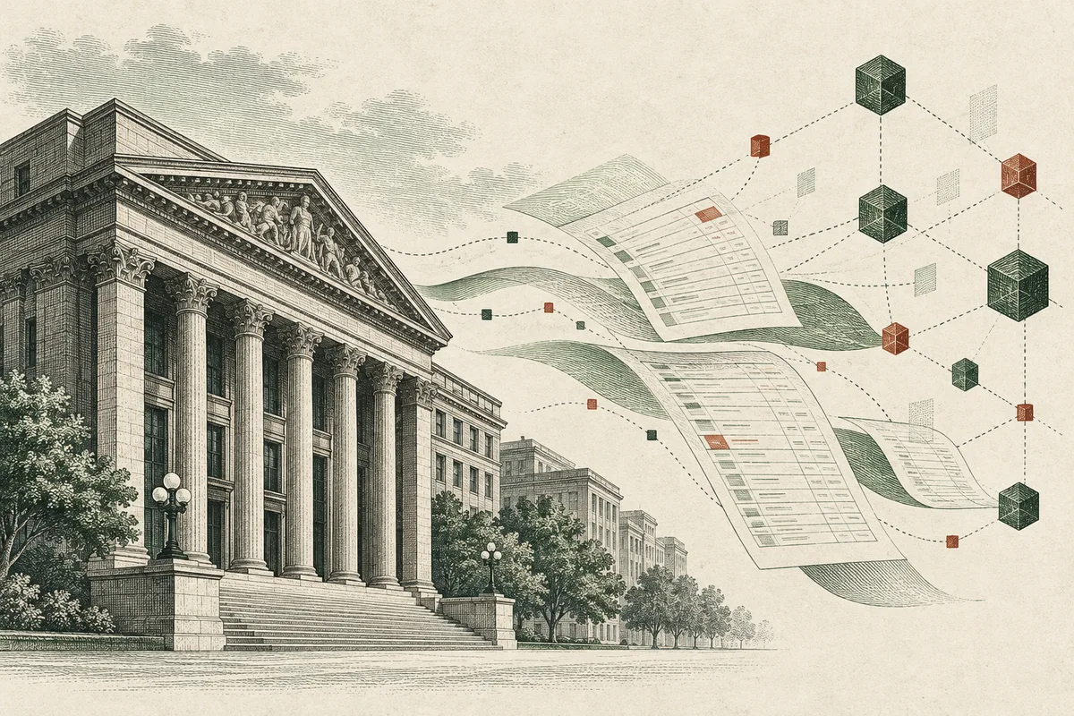 Original conceptual engraving of a financial institution connected to digital ledgers